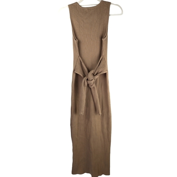 Good American Taupe Ribbed Knit Midi Tie Cotton Blend Tank Bodycon Dress Size 4 - Picture 5 of 12